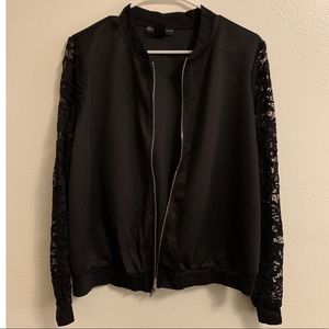 Lace-Sleeved Bomber Jacket